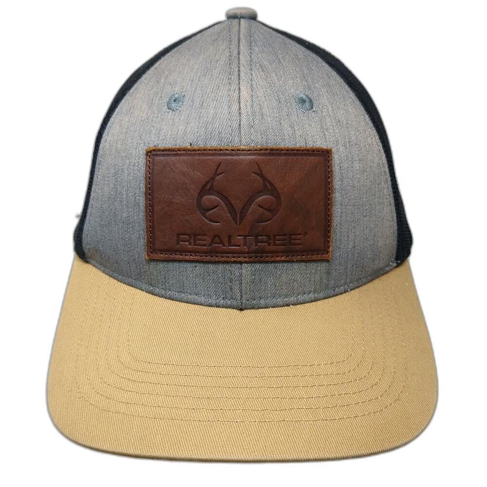 Realtree Trucker Hat Gray Beige Black One Size Mesh Back Leather Patch Snapback
